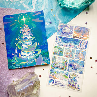 shark girl ocean waves star fantasy water card